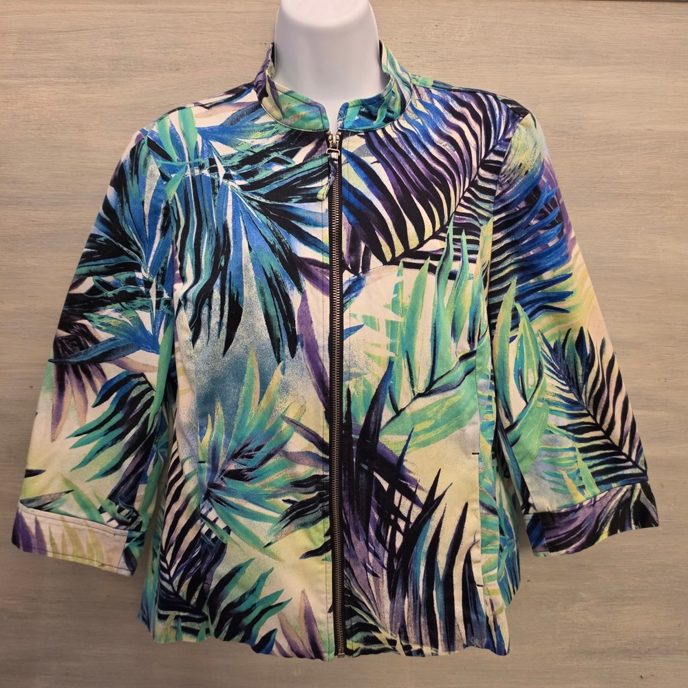 Chico's 98% Cotton Multi Color Abstract Palm Leaf Zip Up Jacket Size‎ 2 GC